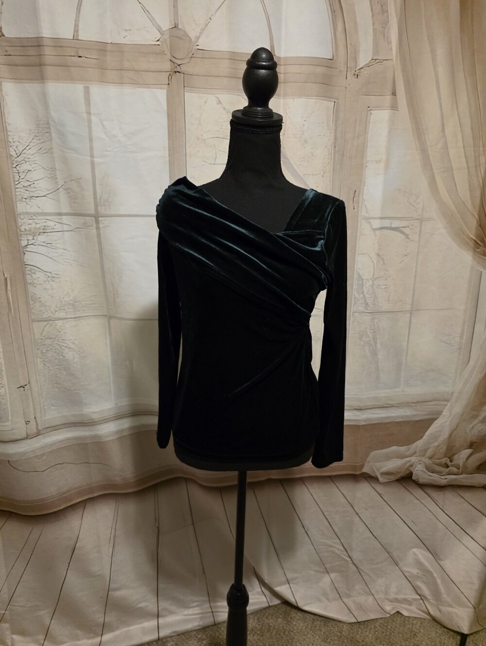 Velvet Asymmetrical Wrap Long-Sleeve Top - Dark Green